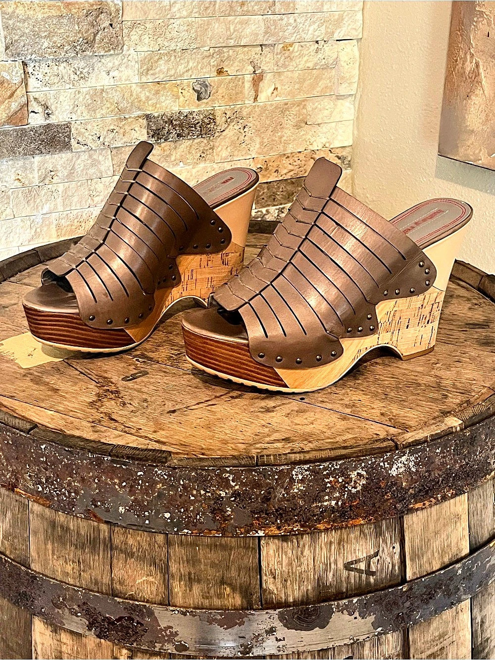 Luxury Rebel Leather Cork Wedge Heels in Brown & Tan